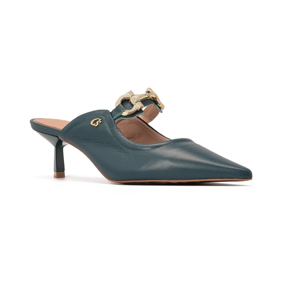 Mule em Couro Verde com Detalhe de Bridão Dourado