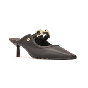 Mule em Couro Preto com Detalhe de Bridão Dourado