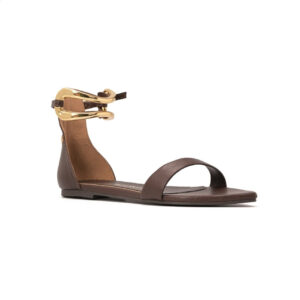 Rasteira em Couro Marrom com Detalhe Dourado