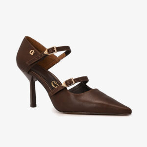 Scarpin Bico Fino Marrom Madeira com Fivelas Duplas